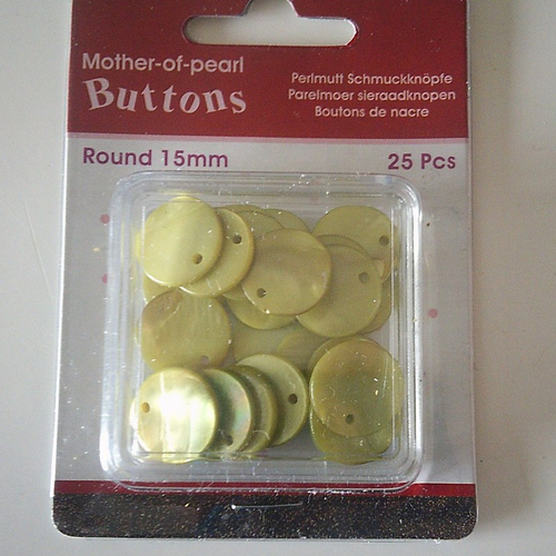 Boîte de 25 boutons ronds en nacre de couleur vert pomme - 15 mm