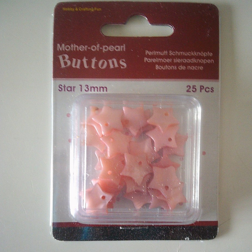 Boîte de 25 boutons star (étoile) en nacre de couleur rose - 13 mm