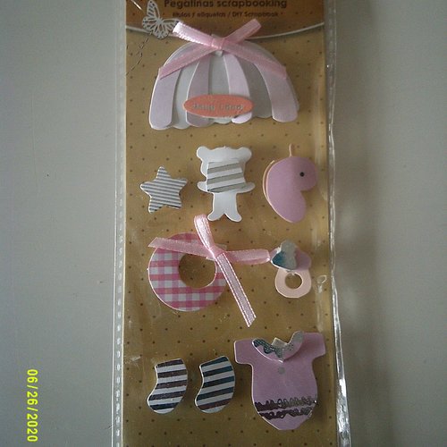 Lot de 8 stickers en 3d - baby girl - carton rose et argenté et ruban