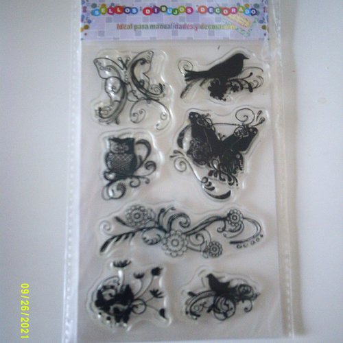 Lot de 7 tampons clear, transparents sur le thème de la nature et animaux (papillons, oiseaux, chouette, fleurs)