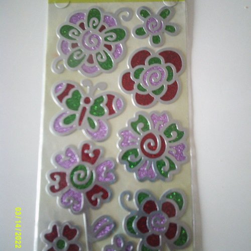 Scrapbooking, embellissement - stickers décoratifs - fleurs et papillon argenté à paillettes