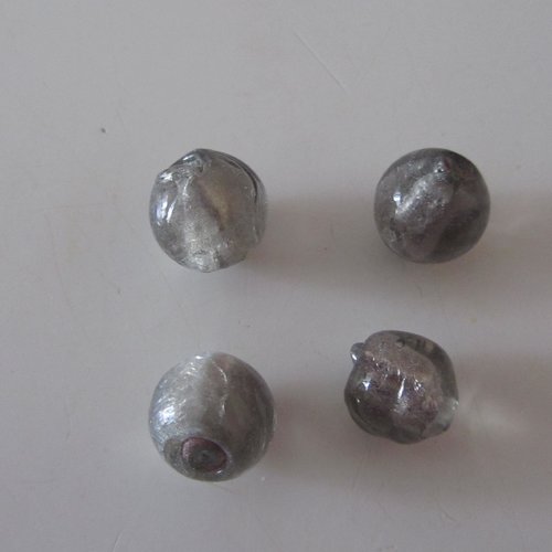 Lot de 4 perles rondes en verre de couleur gris foncé légèrement métallisées intérieur