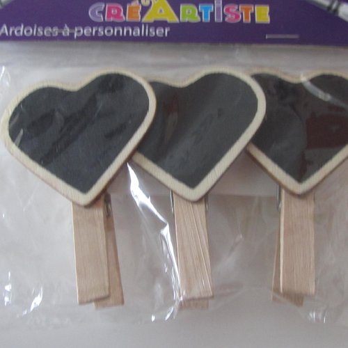 Lot de 3 pinces à linge en bois  en forme de coeur ardoise marqueurs de places