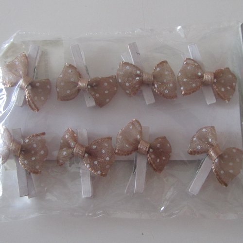 Lot de 8 mini épingles à linge en bois décorées d'un petit noeud marron à pois