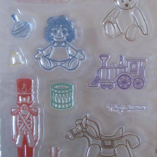 Lot de 12 tampons clear transparent représentant des jouets anciens - festive toy box