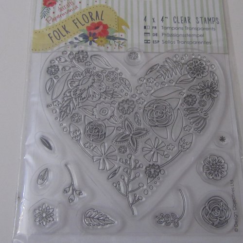 Tampon clear transparent représentant un coeur remplit de fleurs et 10 petits tampons autour