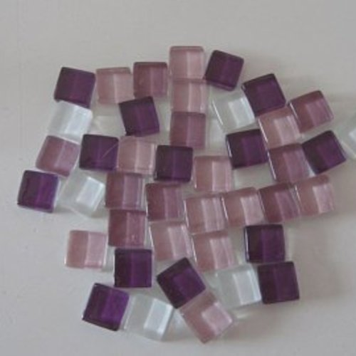 Tesselles de mosaïque en verre doux dans les tons violets, roses et blancs - 200 grammes - 10 x 10 mm