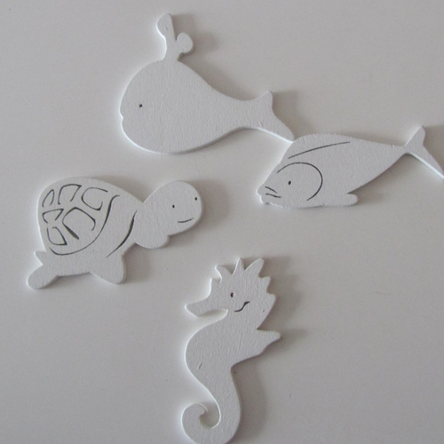 Lot de 4 motifs en bois ciselé peint en blanc - c top - thème animaux de la mer et terrestres