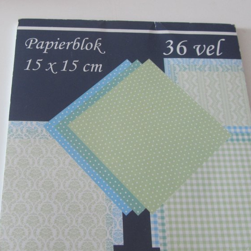 Bloc d'un assortiment de 36 feuilles de papier - 15 cm x 15 cm - tons bleus et verts