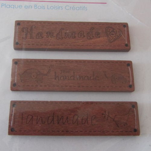 Lot de 3 plaques en bois avec inscription handmade (fait à la main)