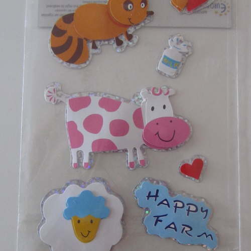 Lot de 7 stickers 3d - happy farm - ferme - coeur, vache, mouton, raton laveur