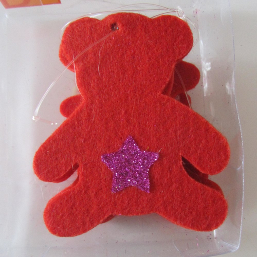 Lot de 6 ours en feutrine décorés d'une étoile pailletée - couleur rouge - suspension - fête
