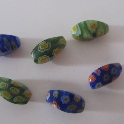 Lot de 6 perles en verre de forme ovale - tons vert et bleu
