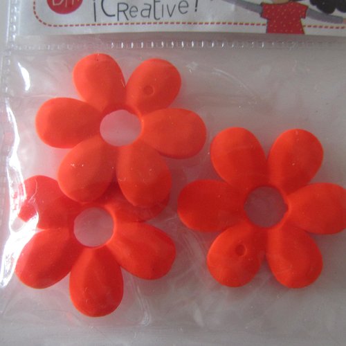Lot de 3 perles boutons fantaisie représentant des fleurs en résine orange fluo