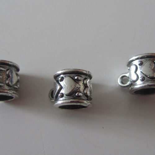 Lot de  3 perles métal  argenté avec anneau pour charms ou breloque -  passe cordon, ruban