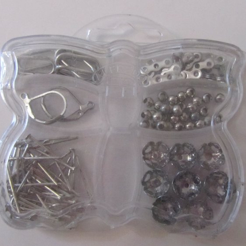 Boîte en forme de papillon avec différents accessoires pour la fabrication de vos bijoux - métal argenté