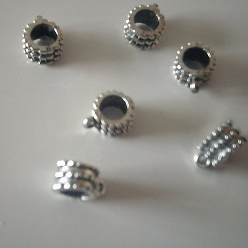 6 perles passe cordon, bélière, connecteur, intercalaire en métal argenté