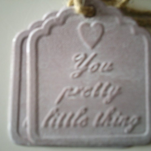 Lot de 3 étiquettes métal avec lien en corde - inscription : coeur et you pretty little thing en relief