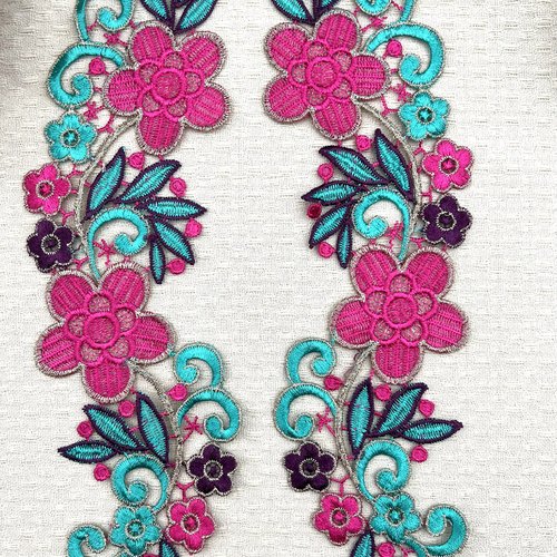Lot de 2 guipures en dentelle fuchsia et turquoise – 8,5 x 26 cm – réf. paym12