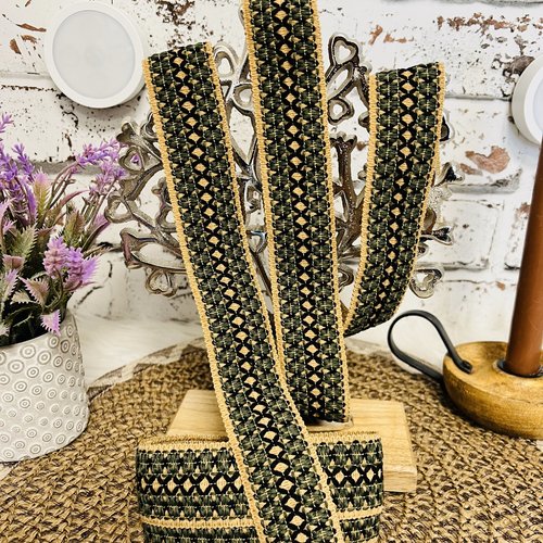 Galon fantaisie naturel marron, vert et noir – 3,5 cm x 2 mètres – réf. reks1b