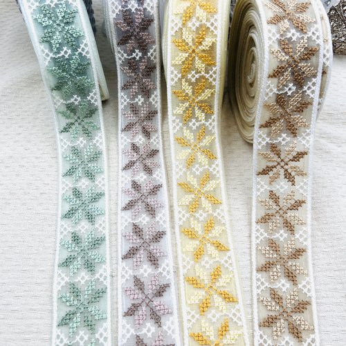 Galon brodé sur fond organza – beige caramel – 4 cm x 2,5 mètres – réf. gapta57