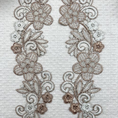 Lot de 2 guipures en dentelle marron et beige doré – 8,5 x 26 cm – réf. paym34