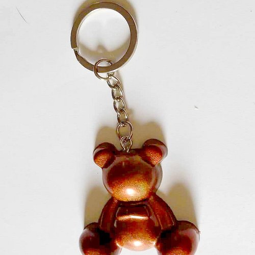 Porte clef en résine fait main, ours rouge cuivré