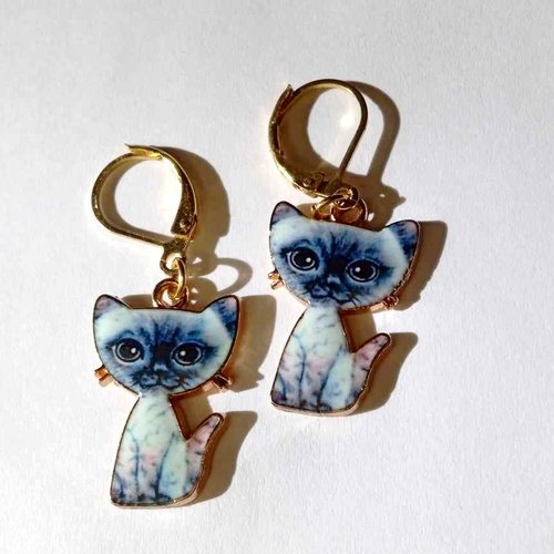Boucles d'oreille "les chats émaillés" dormeuses et chat siamois