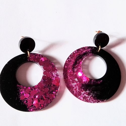 Boucles d'oreille série "disco rose" modèle 4 en résine et acier inoxydable
