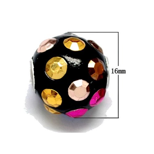 X10 grosses perles en pate polymère et strass, noires et multicolores 16mm