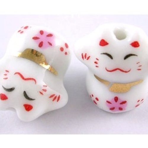 X2 perles en porcelaine, chat japonais, maneki neko, blanc 12mm