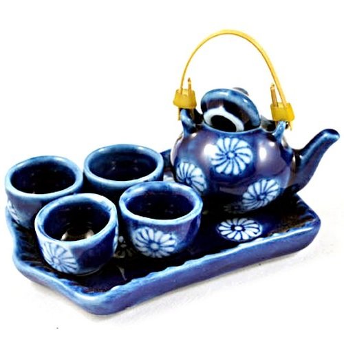 X1 mini service à thé japonais en porcelaine bleue - 7  pièces - miniature, re ment
