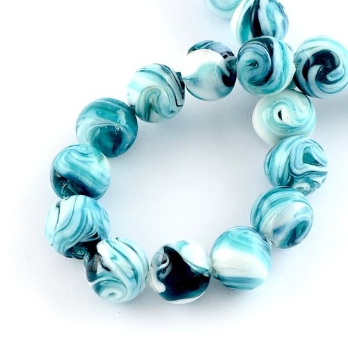 X2 perles en pate de verre, 14mm, bleues et blanches, rondes