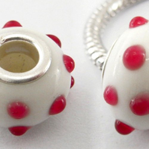 X10 perles lampwork fait main, blanche et pois roses en relief
