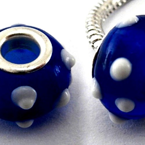 X10 perles lampwork fait main, bleue à pois blancs en relief
