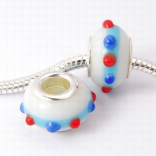 X5 perles lampwork fait main, blanche à pois bleus et rouges
