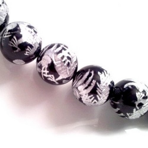 X2 perles en agate noire, 10mm, dragon gravé et peint à la main