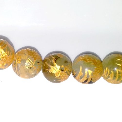 X1 perle en quartz naturel, olive, 12mm, dragon argenté gravé et peint