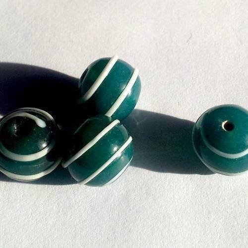 X2 perles en verre filé, bleu-vert, rondes à spirale 12mm environ 