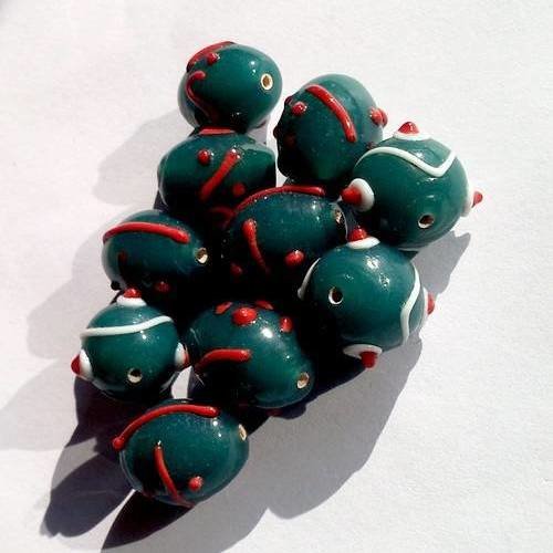 X2 perles en verre filé, bleu-vert, rondes et olives 15mm environ 