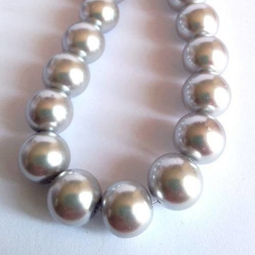 X10 perles nacrées 14mm en verre, couleur gris clair 