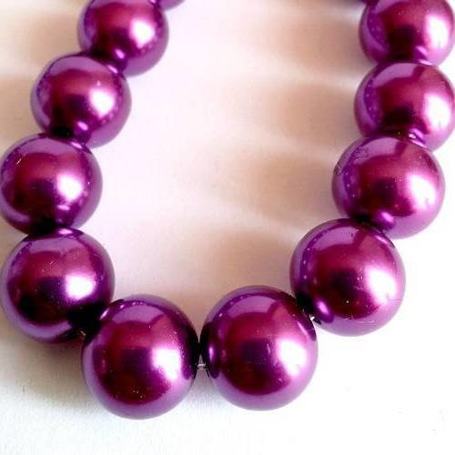 X10 perles nacrées 14mm en verre, couleur violet foncé 