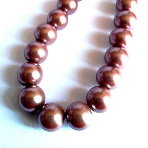 X10 perles nacrées 12mm en verre, couleur marron clair 
