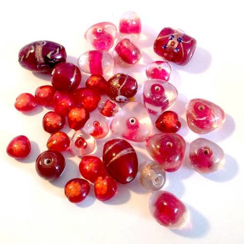X20 perles en verre filé, lot varié, rouge bordeaux - ref 4 