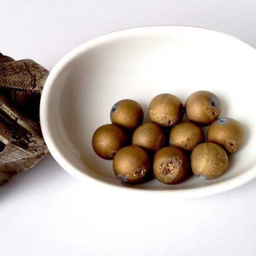 X10 perles drusy en agate naturelle 10mm, rondes, cristaux de silice, vieil or 