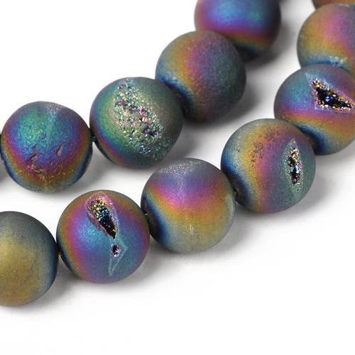 X10 perles rondes 8mm en agate naturelle, effet ab par électrolyse, drusy naturel