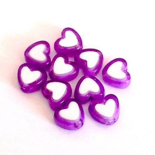 X10 perles coeurs en acrylique, coloris violet 8mm 