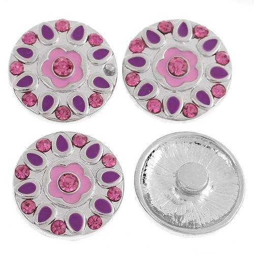 X1 chunk, snap rond bouton pression rosace émaillée, rose et violet 