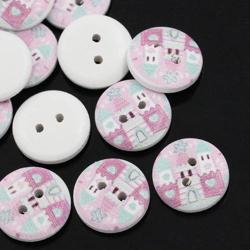 X10 boutons ronds 2 trous en bois, imprimé château de princesse t rose 