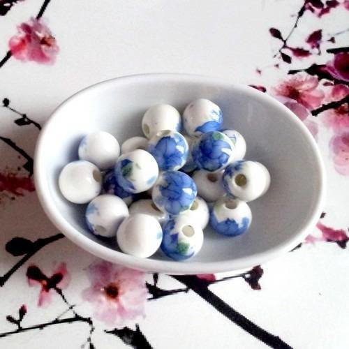X10 perles en porcelaine, rondes, fleurs bleues 10mm 